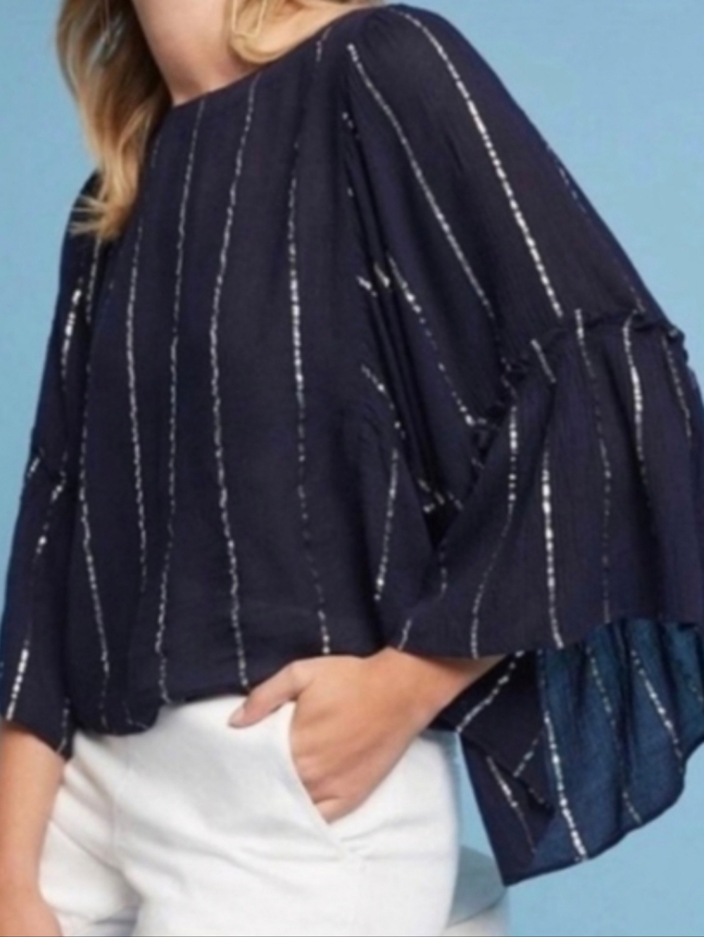 Anthropologie Floreat Navy Metallic Stripe Flutter Sleeve Top Size Medium